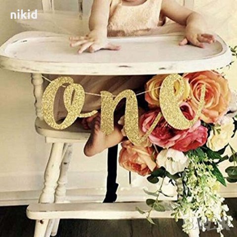 ONE 1 годинка мек златист брокатен банер надпис гирлянд  украса декор рожден ден парти 