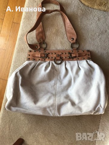 Дамска чанта от естествена кожа и лен