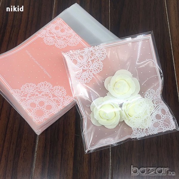 50 бр. прозрачни с дантела опаковъчни пликчета торбички за дребни сладки ръчна изработка, снимка 1