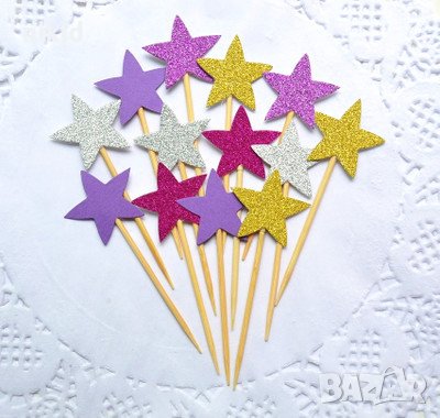 10 бр малки звездички лилава гама с брокат топери украса декорация мъфини парти торта мъфини и др, снимка 1
