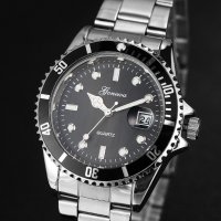 Нов часовник стоманен корпус и верижка дата тип дайвър черен, снимка 1 - Мъжки - 19338489