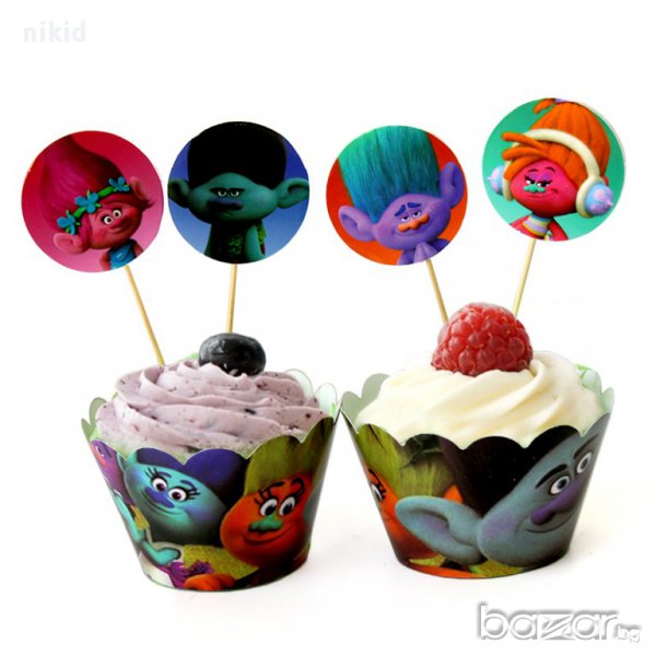 Тролчета Trolls 12 бр топери и кошнички украса декорация за мъфини кексчета торта и парти, снимка 1
