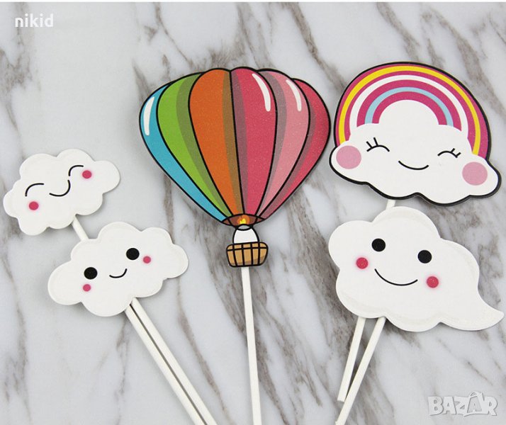 Сет 6 клечки въздушен парашут дъга облаци меки брокатени топери украса декор за торта парти топер, снимка 1