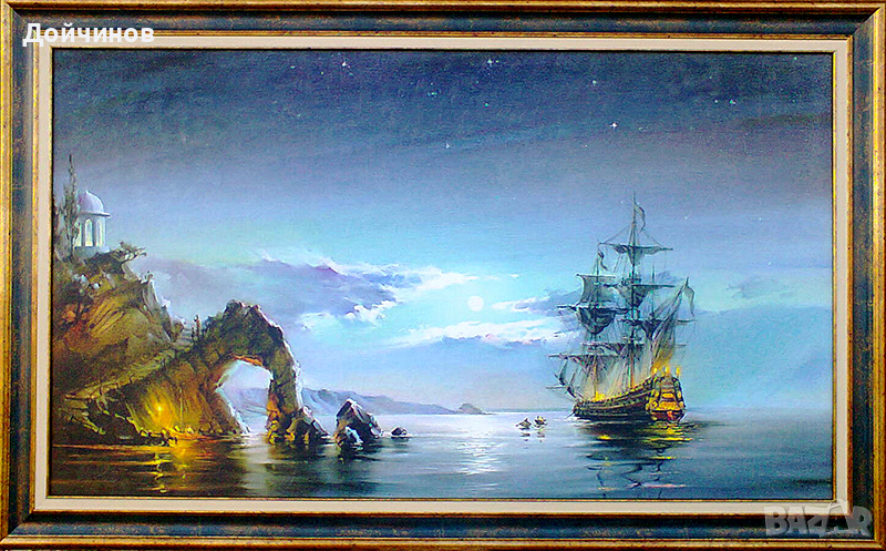 ’’Лунна нощ’’, морски пейзаж с кораб, картина, снимка 1
