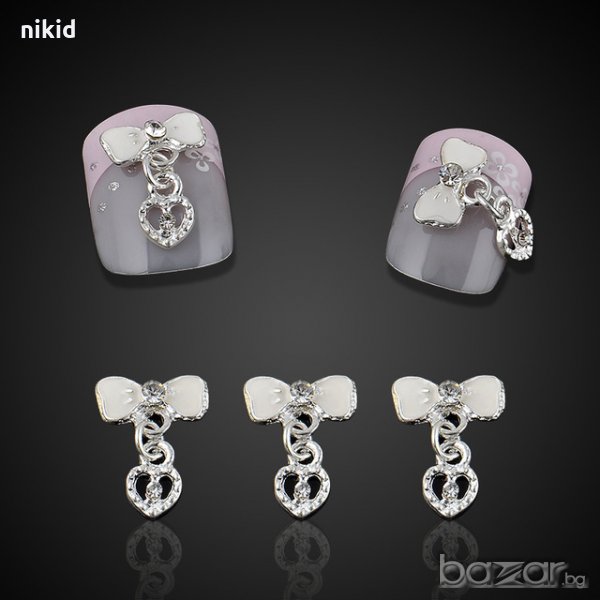 Бяла панделка сребриста висулка сърце бижу за нокти декорация украса за маникюр, снимка 1