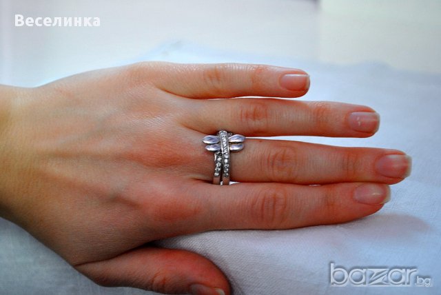 Дамски, сребърен пръстен водно конче и два реда бели камъни-027, снимка 1