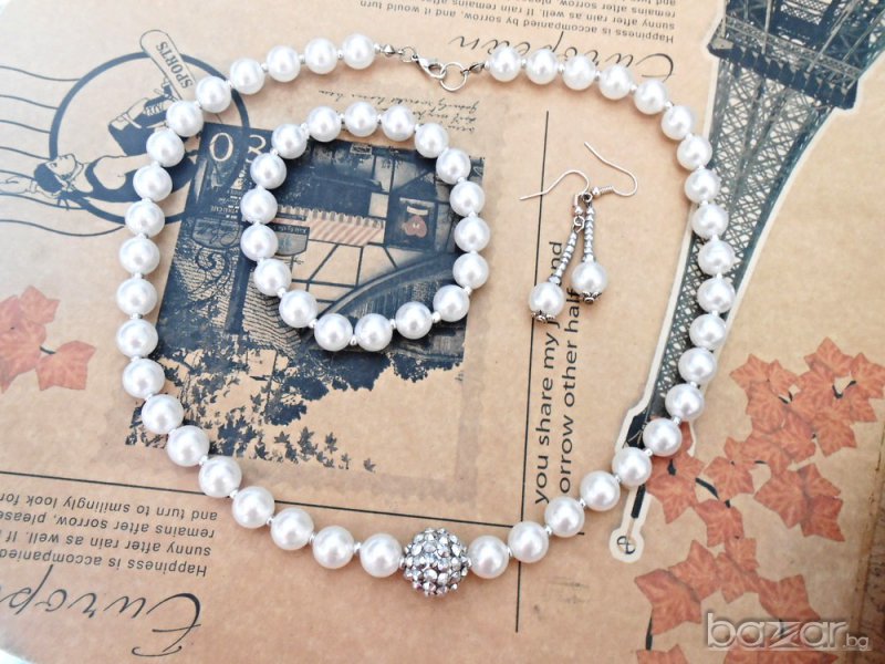 Комплект: гривна, обеци и колие "Перлено бяло", снимка 1