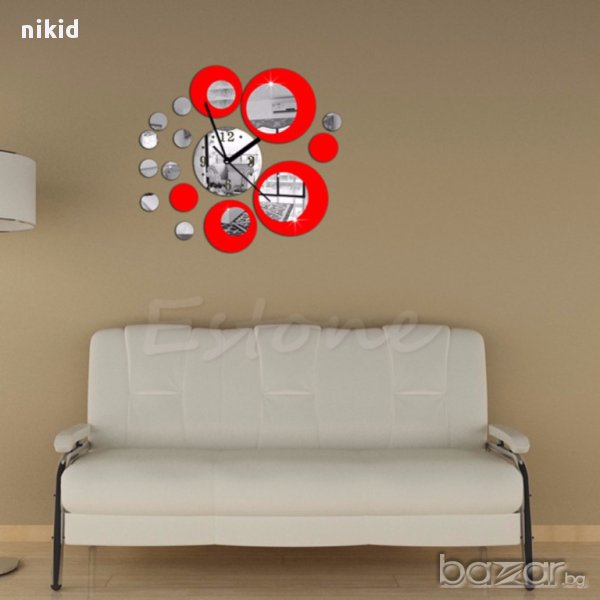 червено огледален стенен часовник уникален атрактивен дизайн 3D с кръгове стена, снимка 1