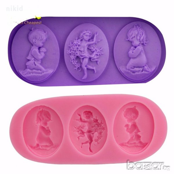 троен молд форма силиконова бебе бебета  и ангел с цветя за декор украса торта фондан шоколад и др., снимка 1