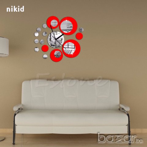 червено огледален стенен часовник уникален атрактивен дизайн 3D с кръгове