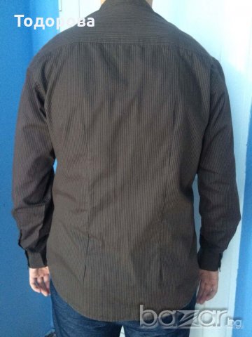 Мъжка риза, тъмнокафява с черно райе,  размер L, снимка 2 - Ризи - 19049663