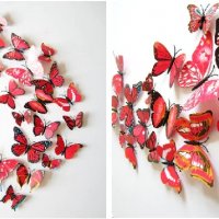 3D 12 бр pvc червени магнитни и самозалепващи пеперуди декорация за стена и мебел, снимка 3 - Други - 24871478