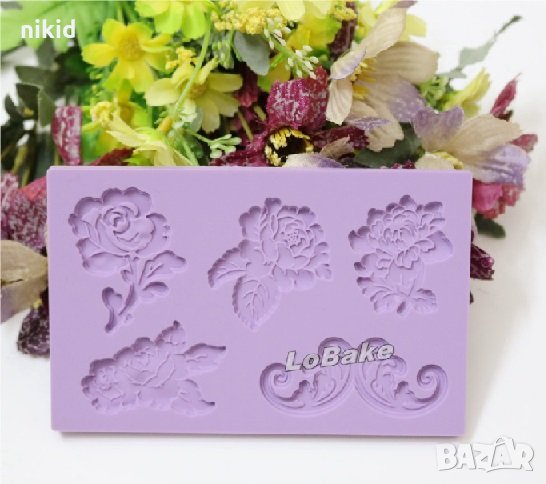 5 винтидж цветя релефни силиконов молд форма декор украса торта фондан шоколад мъфини, снимка 1