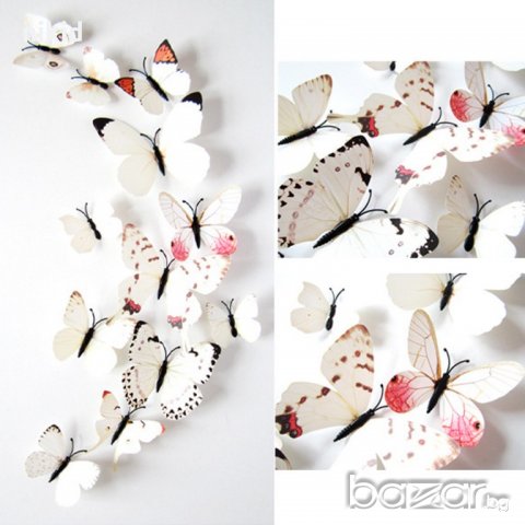 3D 12 бр pvc кремаво  бели магнитни и самозалепващи пеперуди декорация за стена и мебел, снимка 3 - Декорация за дома - 21240627
