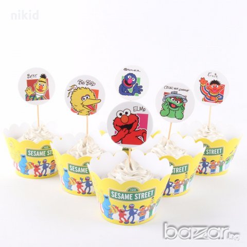 12 бр Улица Сезам Бисквитено чудовище Muppet Cookie Monster топери и кошнички украса  за мъфини