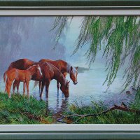 При върбите, коне, картина с рамка, снимка 1 - Картини - 24711981