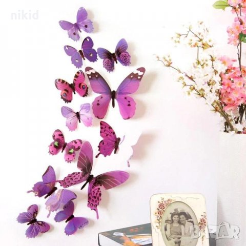 3D 12 бр pvc лилави самозалепващи пеперуди декорация за стена и мебел, снимка 1 - Декорация за дома - 22967569