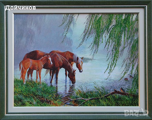 При върбите, коне, картина с рамка