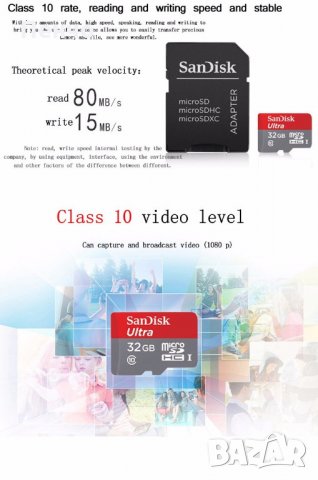 Карта памет клас 10 SanDisk 32 GB Micro SD 100Mb/s микро сд TF карта за телефон таблет фотоапарат, снимка 11 - Карти памет - 21870295