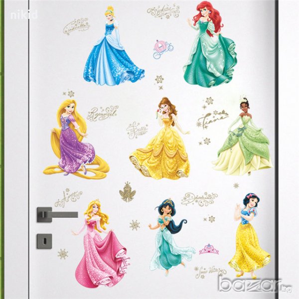 8 принцеси Белл Пепеляшка Ариел Рапунцел Жасмин Снежанка Аврора стикер лепенка за стена детска стая , снимка 1