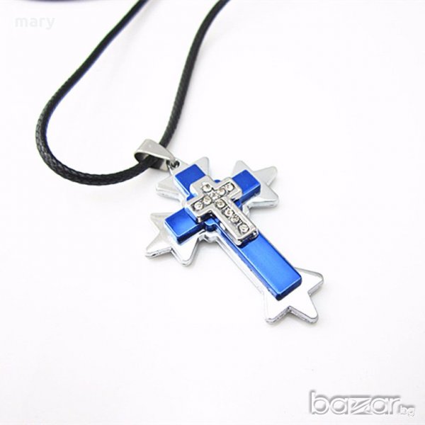 масивен заострен син кръст с циркон + шнур, снимка 1