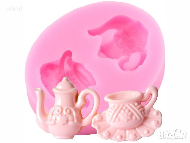 Мини сервиз чайник и чаша силиконов молд форма декорация и украса торта фондан бисквитки, снимка 1