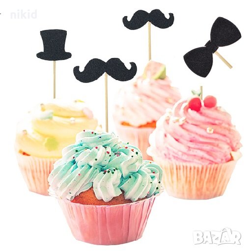 12 бр сет мустак папионка шапка къси топер топери клечки черен брокат за мъфини украса декор, снимка 1