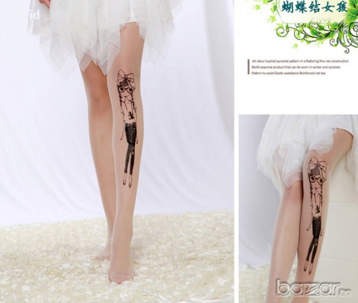 ефектен дамски чорапогащник принт татос момиче, снимка 1