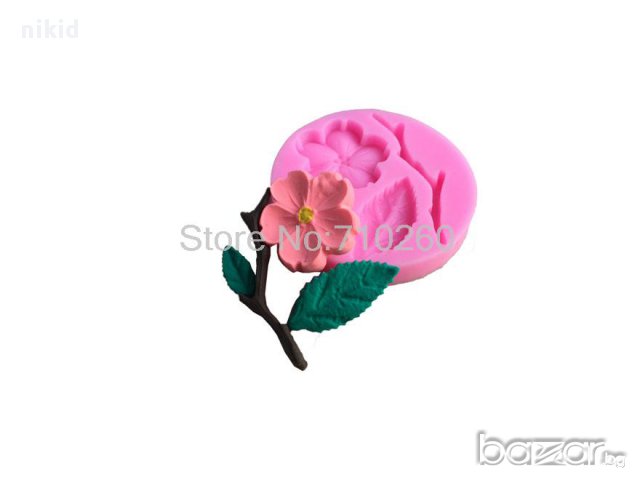 3D клонка цвете вишнев цвят с листа силиконов молд форма украса декор торта фондан шоколад, снимка 2 - Форми - 15228985