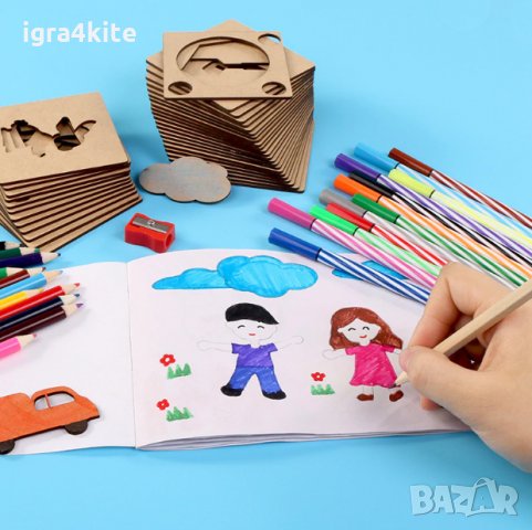 Детски комплект за рисуване с много формички от дърво + флумастри с книжка, снимка 13 - Рисуване и оцветяване - 26155798