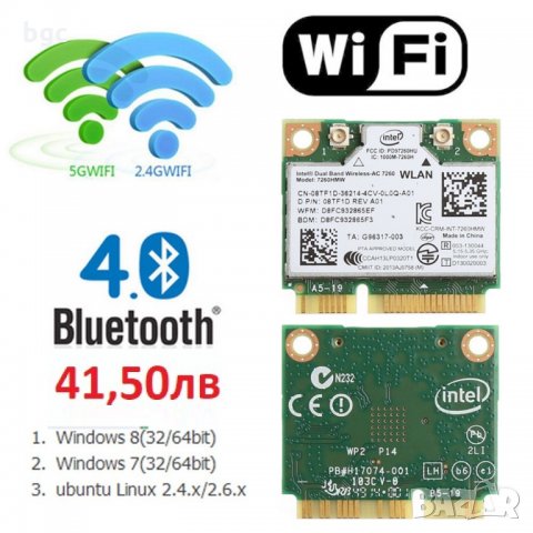НОВА Wi-Fi Мрежова Карта Intel 7260 867Mbps 7260AC 7260SDW 7260HMW 7260NGW 5GHz 802.11 a/b/g/n/AC, снимка 7 - Кабели и адаптери - 20283357