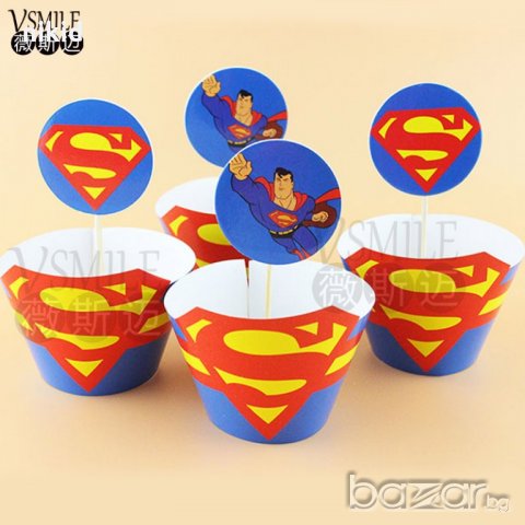 Супермен Супер мен superman 12 бр топери и кошнички украса декорация за мъфини кексчета парти, снимка 1 - Други - 18367297