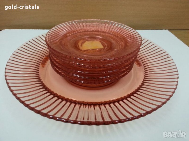  антикварен сервиз чинии розово стъкло 53г, снимка 1