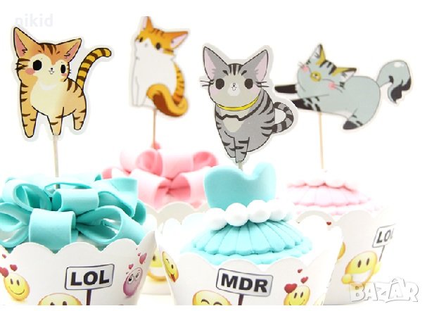 Котки Котенца котка 24 бр топер клечки за мъфини кексчета парти украса декор, снимка 1