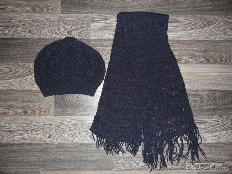  плетена шапка и шал, универсален размер ЦВЯТ - тъмно синьо, снимка 1