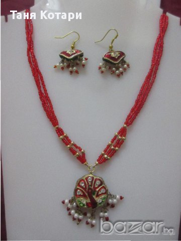 Индийски емайлиран комплект  Колие и обеци, снимка 5 - Бижутерийни комплекти - 15500051