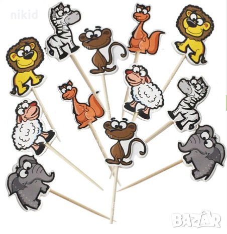 24 бр Зоо Диви животни топери клечки за мъфини декорация рожден ден парти, снимка 1