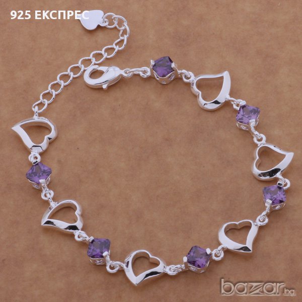 Сребърна гривна със сърца и лилави циркони, снимка 1
