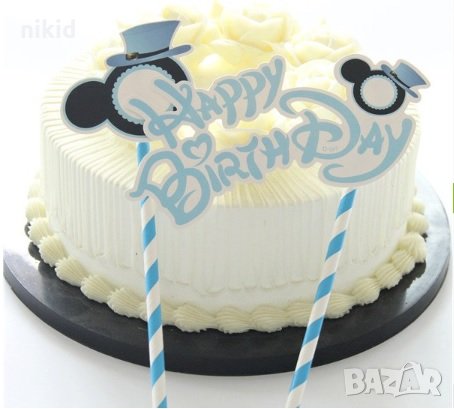 Мики Маус глава Happy Birthday топер сламки сини за украса и декорация на торта, снимка 1
