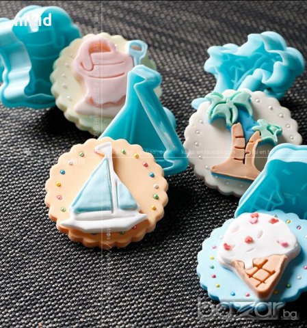 4 морски форми плаж сладолед палма кофичка лодка пластмасови резци с бутало и релеф бисквитки фондан