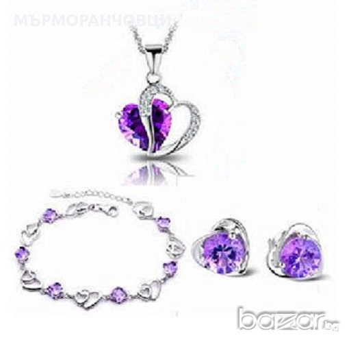 Страхотен, сребърен комплект-3 части с лилави цирконий, снимка 1
