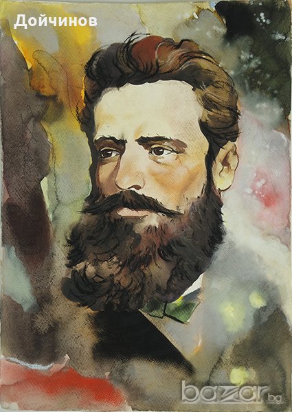  Портрет на Христо Ботев, акварел, стара картина, снимка 1