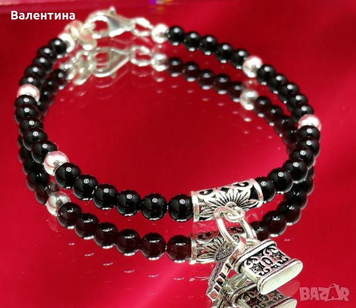 Дамска гривна с оникси и сребърни елементи, катинар с ключ+ ПОДАРЪК, снимка 1