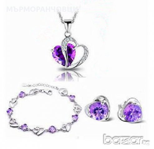 Страхотен, сребърен комплект-3 части с лилави цирконий