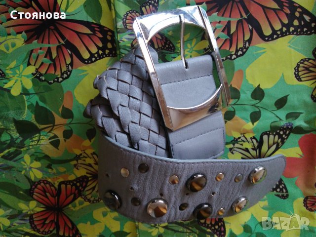 Дамски сив кожен колан с капси и голяма катарама