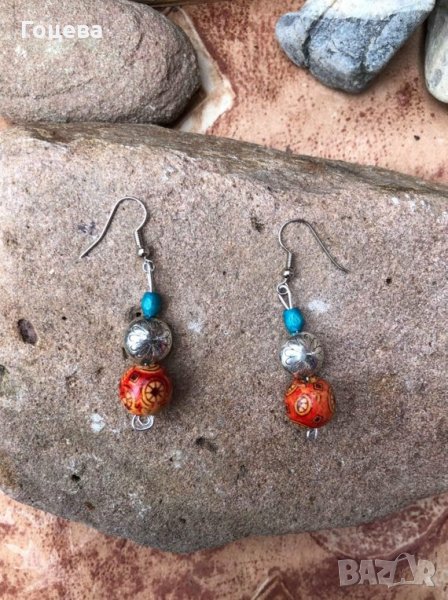 Рустик стил обеци от дърво, сребристо и тюркоазено., снимка 1