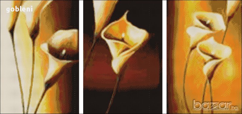 гоблен-триптих "СЛЪНЧЕВИ КАЛИ"-Д 44;размери/60*28/см.;17цвята;63лв., снимка 1