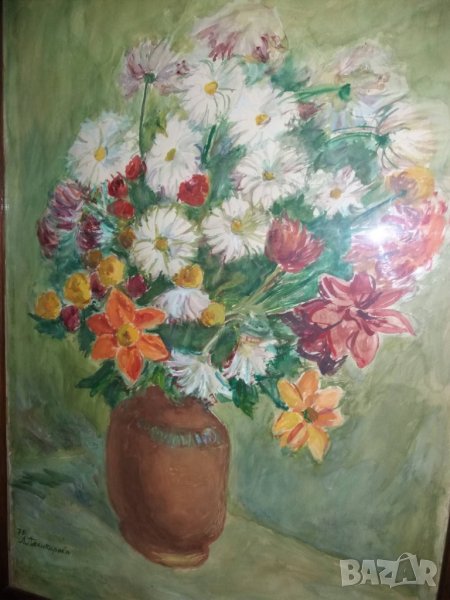 Люба Паликарова стара картина акварел натюрморт цветя  1975, снимка 1