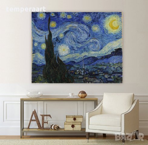 Картина Звездна нощ- Винсент ван Гог, репродукция, канава, класическа рамкирана картина№ 232, снимка 1 - Картини - 22322709