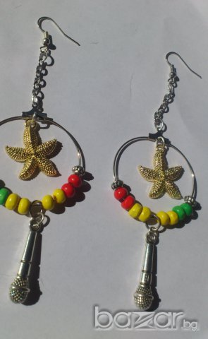 Коледно Намаление!!! Обеци с формата на миниатюрни микрофони (ethiopia , Rasta, Microphone) , снимка 2 - Обеци - 8002002